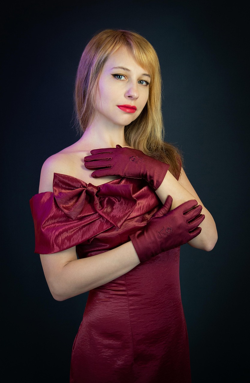 woman, portrait, fashion, style, women's clothing, image, model, pose, blonde, bow, evening dress, gloves, burgundy